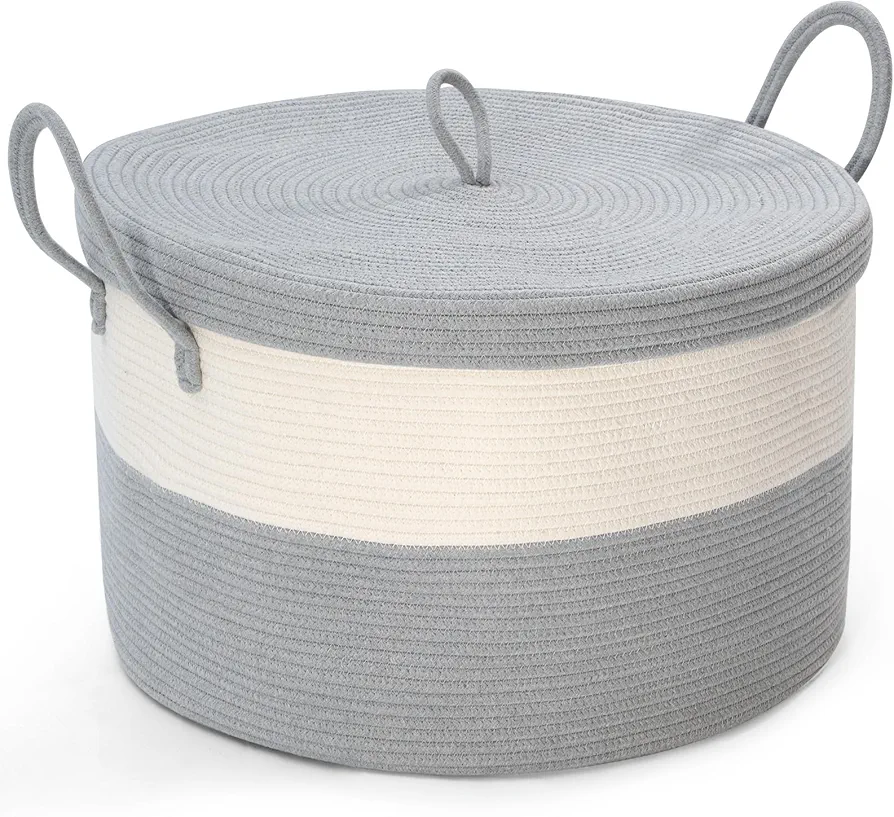 XXL Blanket Basket with Lid, 21.7"D X 13.8"H Cotton Rope Basket with Handles, Large Toy Basket for Kids and Dogs, Blanket Storage for Living Room, Decorative Laundry Basket, Nursery Organizing (Grey)