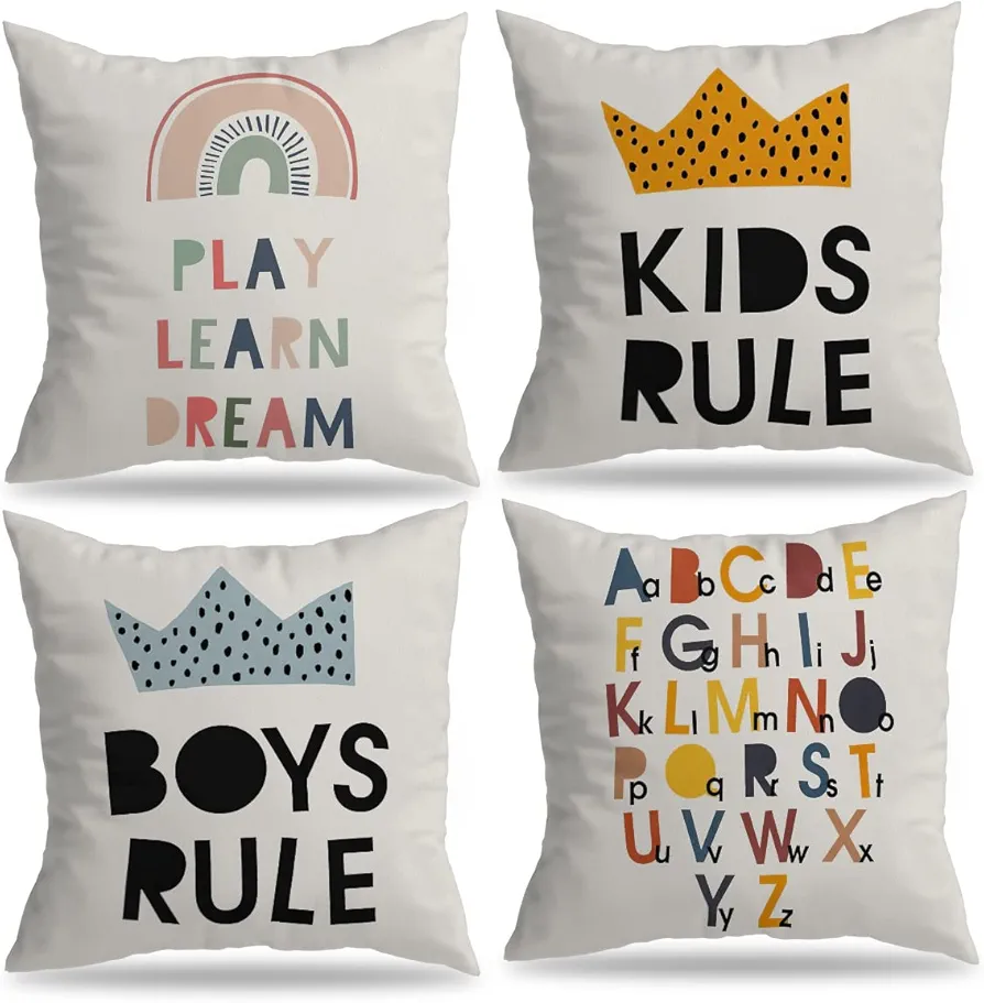 Play Learn Dream Kids Rules Boys Rule Alphabet Pillow Case,18x18 inch Colour Letters Pillowcase Set of 4,Decorate Kids Room Boys Room Playroom Bedroom Early Learning Centre Classroom Nursery