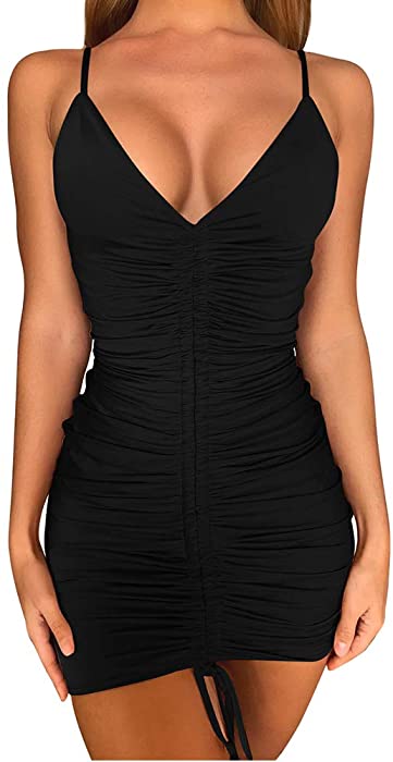 TOB Women's Sexy Adjustable Ruched Spaghetti Strap Sleeveless Club Bodycon Mini Dress