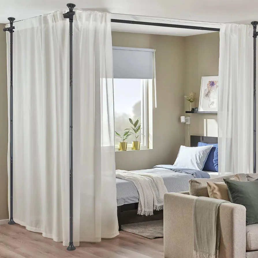 Room Divider, No Drilling Curtain Rods Hanging Wall Divider for Room Separation, 120” Tall 114” Wide Adjustable Floor to Ceiling Partition Room Dividers, Heavy Duty Corner Room Divider Curtain Rods