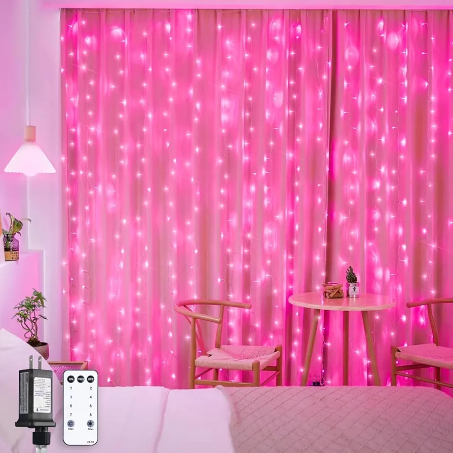 JMEXSUSS 300 LED Remote Control Pink Curtain Lights, 8 Modes Pink Christmas Lights Indoor, Pink String Lights for Bedroom Window Wall Party Backdrop Valentine Xmas Decorations (9.8x9.8ft)