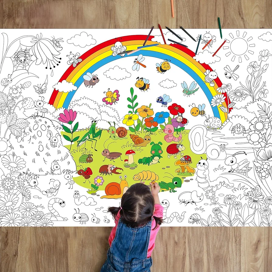 Bug Garden Coloring Poster for Kids Giant Coloring Poster Large Bugs Coloring Tablecloth Jumbo Coloring Books for kids Classroom Home Birthday Party Supplies Favor