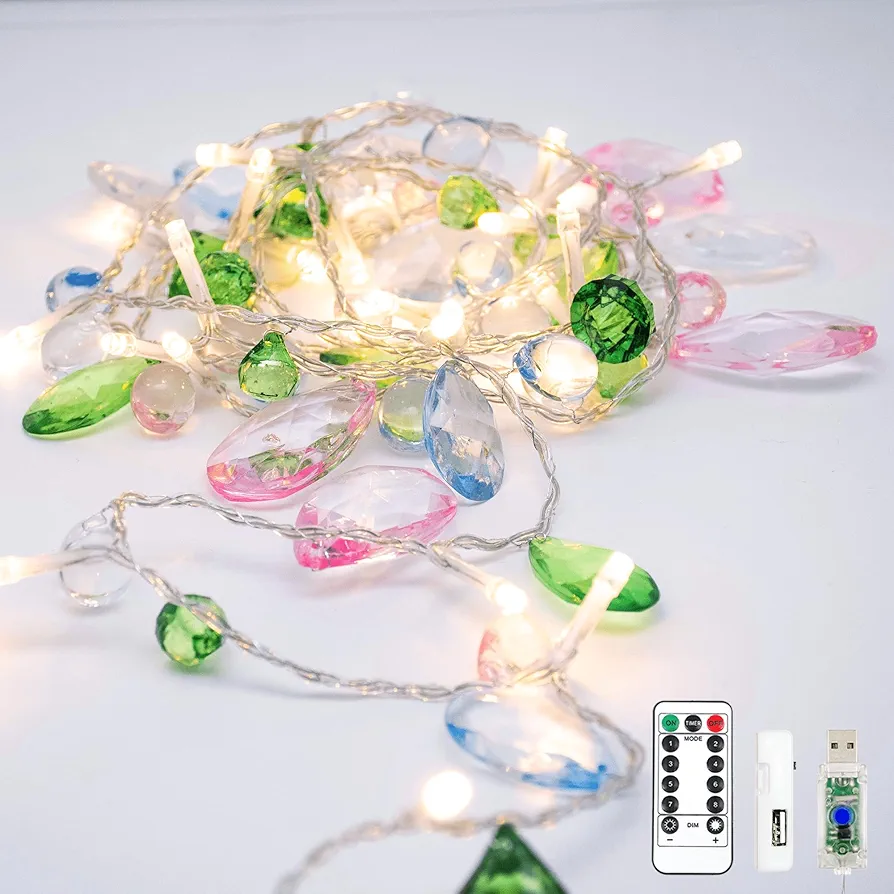 Pastel Crystal Lights 10ft 30 LED Jewels Fairy Lights Battery Operated/USB Plug in, Cute String Lights with Remote Timer Fairycore Room Decor for Kids Girls Bedroom Canopy Christmas Easter