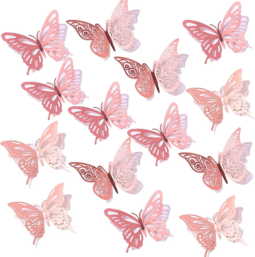 72Pcs 3D Butterfly Wall Decor 3 Sizes 3 Styles, Butterfly Decorations Party Birthday Cake Decoration, Removable Butterfly Stickers Wall Decals for Kids Nursery Wedding Bedroom Room Decor(Rose Gold)