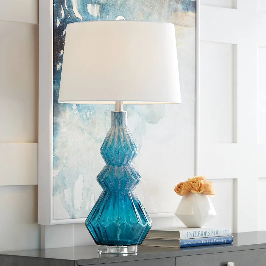 Possini Euro Design Darren Modern Coastal Table Lamp 30 3/4" Tall Blue Geometric Art Glass Off White Tapered Drum Shade for Living Room Bedroom Beach House Bedside Nightstand Home Office Family