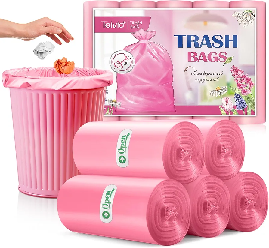 Teivio 1.3 Gallon 100 Counts Strong Trash Bags Garbage Bags, Bathroom Trash Can Bin Liners, Plastic Bags for home office kitchen, Pink