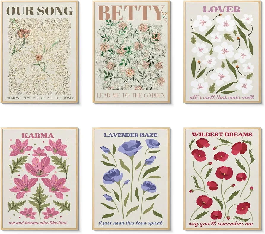 CEKEIOLMLW Stunning Flower Poster Set for Room Decor Aesthetic Print Wall Art Pop Country Folk Singer Music Midnights Floral Prints Posters Unframed 6pcs 8x10in