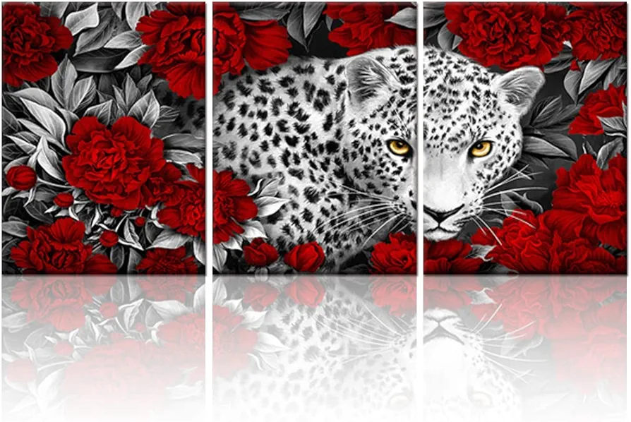 Kalormore 3 Pieces Wildlife Animal Canvas Wall Art Black and White Burgundy Red Leopard with Yellow Eyes in Blossom Poeny Flowers Painting Picture Framed and Stretched Artwork for Modern Living Room