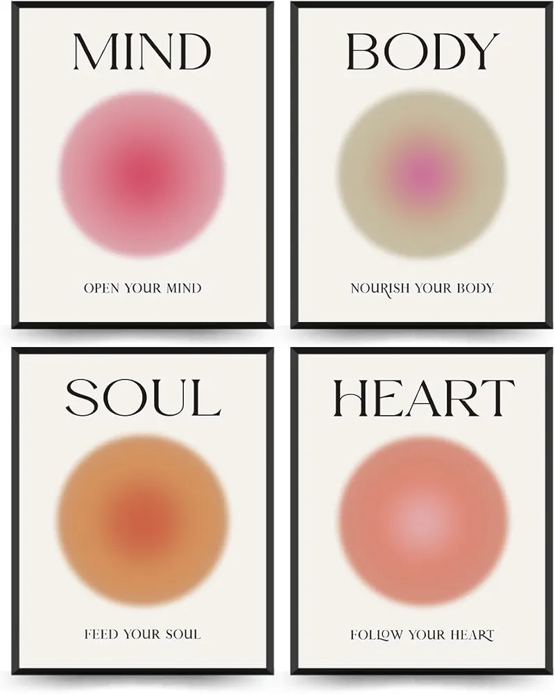 PLKMN Mind Body Soul Heart Wall Art Prints,Pink Energy Spiritual Positive Aura Posters For Room Aesthetic, Colorful Aura Poster Energy Wall Art for Bedroom Yoga 8x10 Inch Set of 4 Unframed