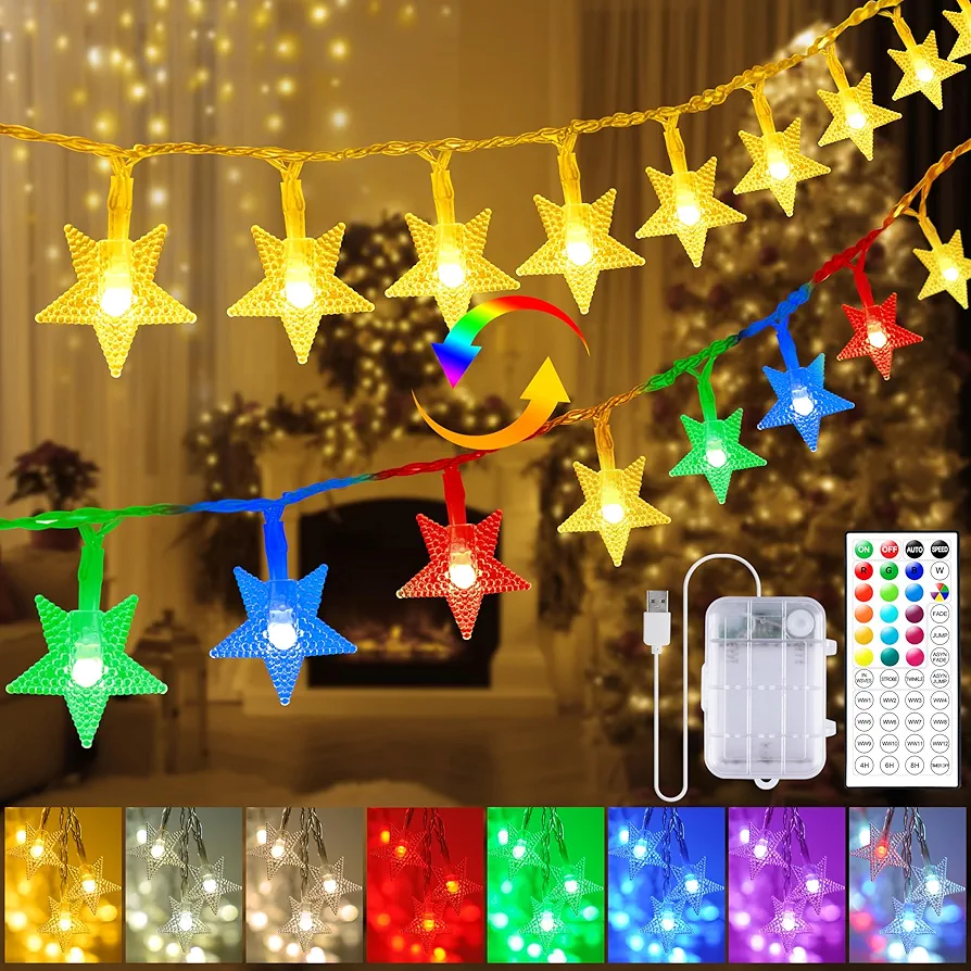 33ft Star String Lights Battery Operated, RGB+Warm White Color Changing Fairy String Lights Indoor with Remote, 60 LED Decorative Twinkle Christmas Lights for Bedroom Dorm Party Xmas Outdoor Décor