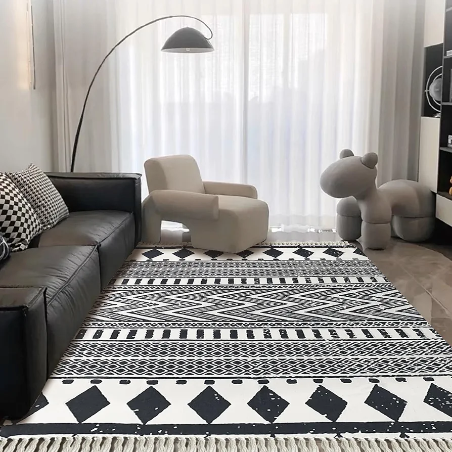 USTIDE Ultra Large Bohe Area Rug Large Hand Woven Black and White Cotton Rugs with Tassels Printed Geometric Tribal Rug for Living Room, Bedroom, Laundry Room, Entryway （63x90Inches）