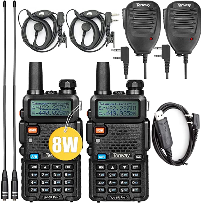 Ham Radio UV-5R Pro 8W Dual Band Two Way Radio with Handheld Speaker Mic and Antenna 2Pack and Programming Cable