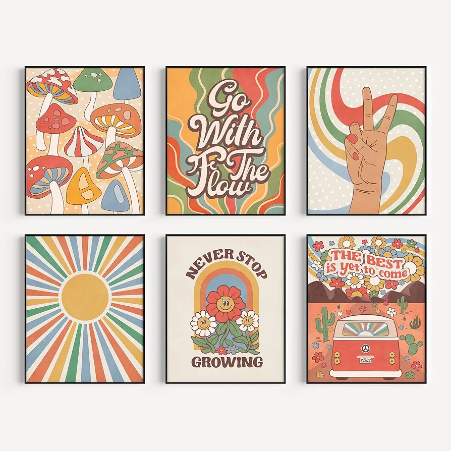 Retro Wall Art Posters | Groovy Aesthetic 70s Room Decor | Teen Girls & Boys Preppy Wall Decor | Unframed 8x10 inch Prints | Set of 6 for Bedroom & Dorm