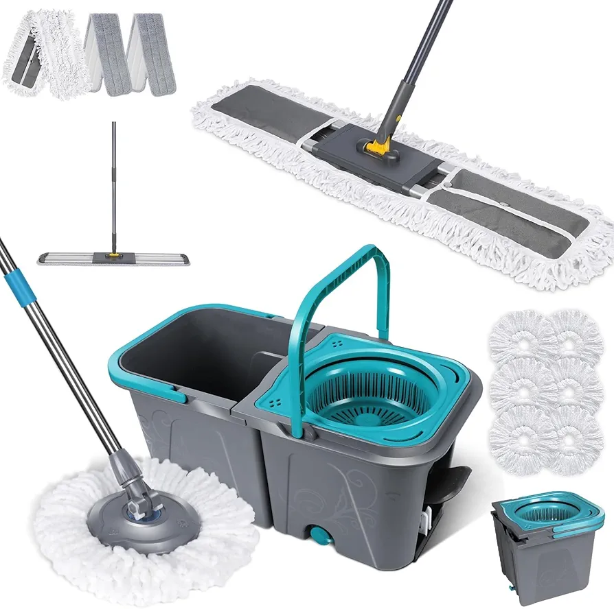 Masthome Spin mop and Detachable Bucket with Foot Pedal and 6 Microfiber Replacement Refills & 60'' Adjustable Flat Mop with Long Handle, 1 Cotton & 2 Microfiber Mop Pads