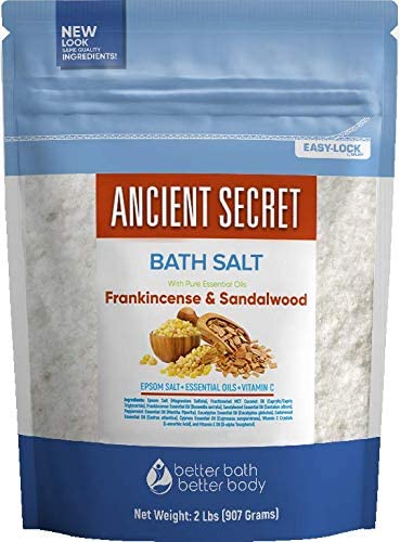 Ancient Secret Bath Salt 32 Ounces Epsom Salt with Natural Frankincense, Sandalwood, Peppermint, Eucalyptus, Cedarwood and Cypress Essential Oils Plus Vitamin C in BPA Free Pouch with Press-Lock Seal