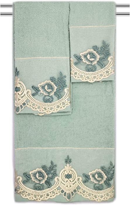 Mercury 3-Piece Floral Embroidered Cotton Decorative Bath Towel Set, Sage