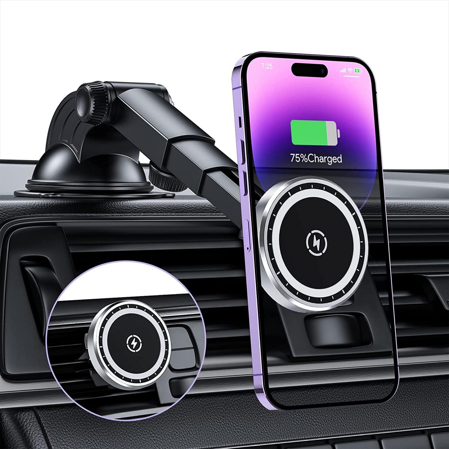 Magnetic Wireless Car Charger, 15W Auto-Lock for MagSafe Car Charger Air Vent Dashboard Windshield Charging Car Mount for iPhone 14/13/12 Series and MagSafe/Magnetic Cases (with QC 3.0 Car Charger)