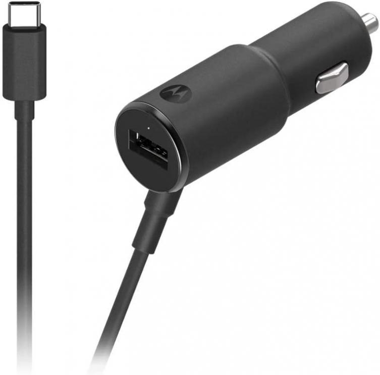 Motorola TurboPower 36 Duo USB-C Car Charger- 18W USB-PD Fixed Type C Cable + 18W QC3.0 Port - Simultaneous Turbo Charging for Moto G Power/Stylus/Fast,G6,G7 Power/Supra,X4,Z,Edge/Edge+/Razr/One 5G