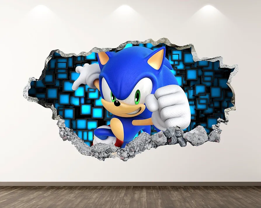 Sonic Wall Decal Smashed Stickers for Bedroom Baby Nursery Sonic Decor for Boys Wall Sticker Wolf Sonic The Hedgehog Sticker Video Game Cartoon Gaming Playroom Wall Art Vinyl Mural Decals BR08