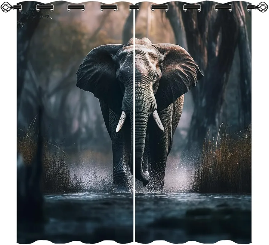 India Elephant Blackout Curtains for Girls Boy Home Decor, Animal Forest Nature Kids Wild Grommet Thermal Insulated Drapes Darkening Window Curtain for Bedroom Living Room, 55 x 63 Inch