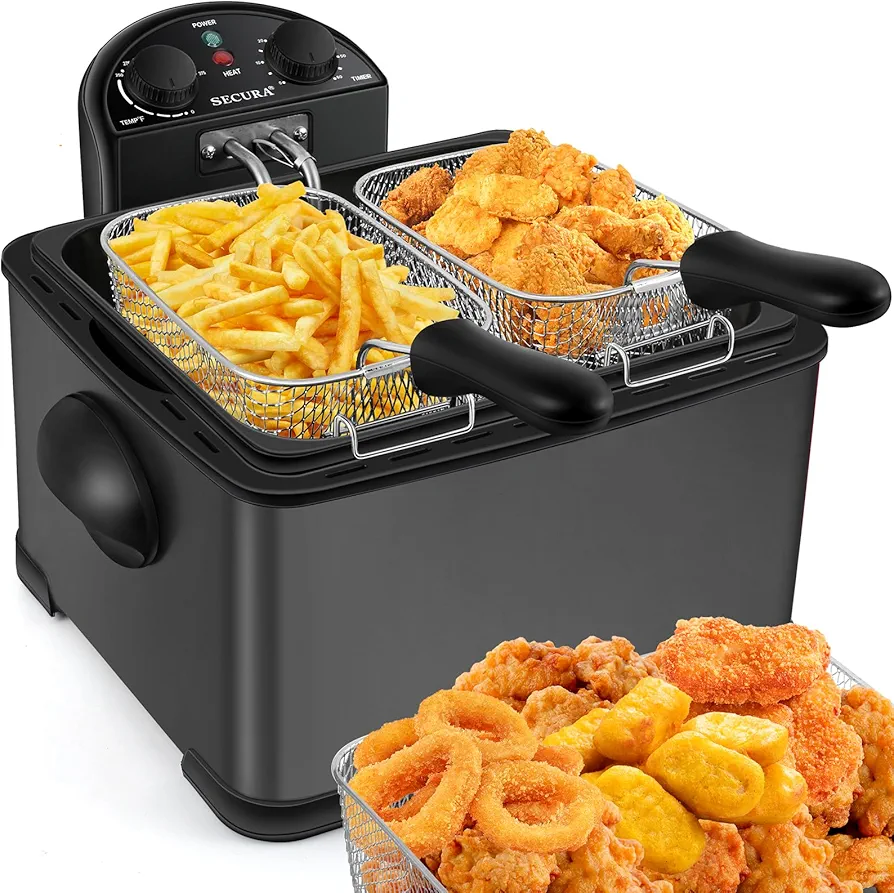 Secura 1700-Watt Stainless-Steel Triple Basket Electric Deep Fryer with Timer Free Extra Odor Filter, 4L/17-Cup, Black