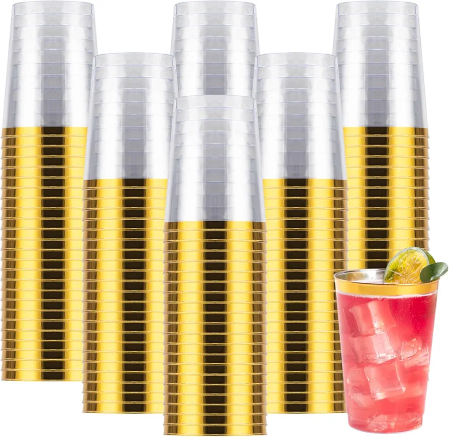 Goodluck 200PCS 10oz Gold Plastic Cups for Party, Disposable Gold Rim Cups, Plastic Cocktail Glasses for Wedding Thanksgiving, Christmas, and Parties