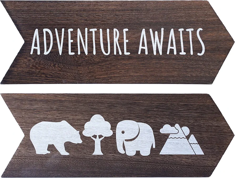 Nursery Wall Decor - 2 Pcs Wood Adventure Awaits Sign, Baby Elephant Nursery Decor For Kids Room, Safari Theme Woodland Decorations, Bear Mountain Cabin Wall Decor Art, 14 x 10 inch