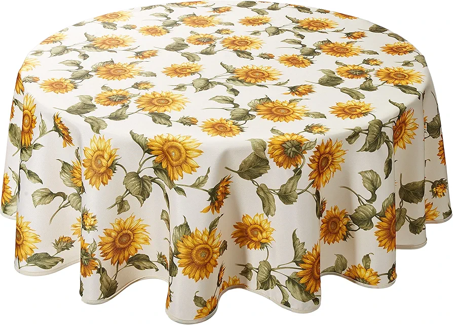 Violet Linen Classic Euro Sunflower Tablecloth with Large Sunflowers Design, 60" Round