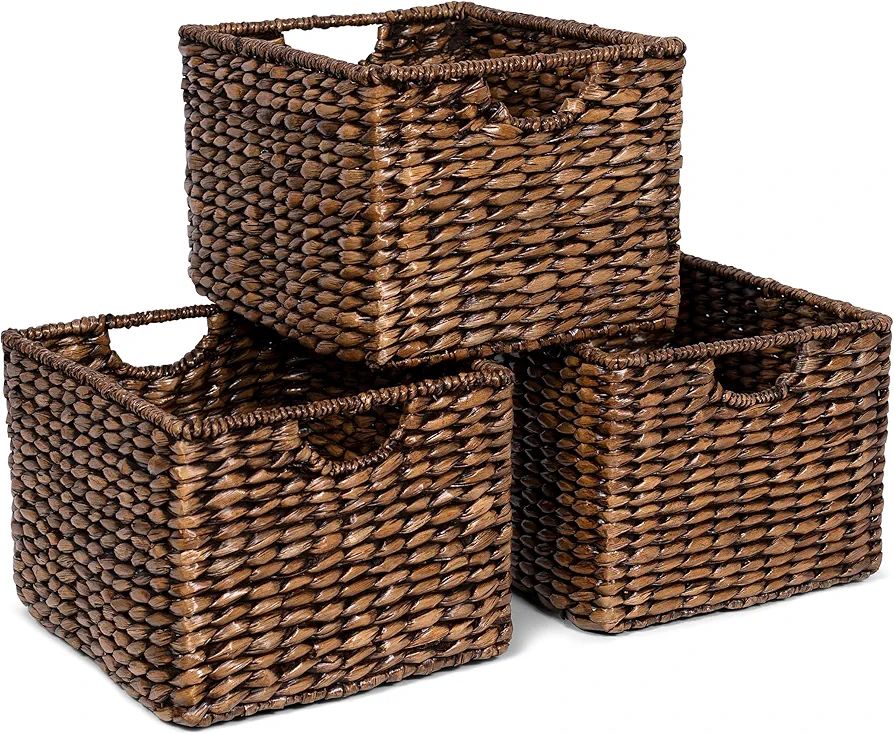 BIRDROCK HOME Storage Shelf Organizer Baskets with Handles - Handwoven Abaca Seagrass Wicker Basket for Pantry, Living Room, Office & Bathroom, Versatile Under Shelf Storage - Set of 3, Brown Wash