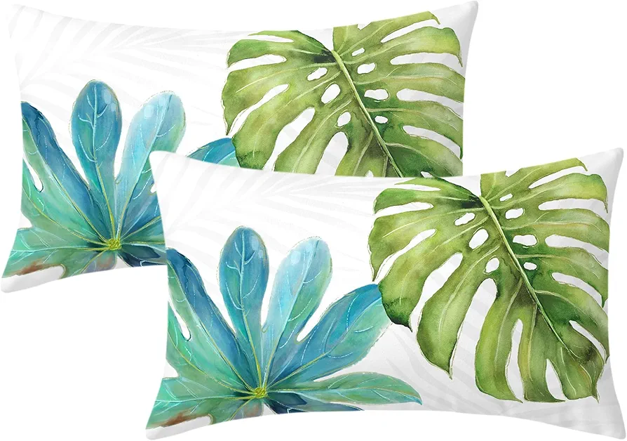 aportt Green Tropical Leaf Lumbar Pillow Covers 12x20 Inch Monstera Palm Leaves Couch Pillow Cases Botanical Plant Summer Throw Pillows Set of 2 Home Decor for Living Room Bedroom Bed Cushion Outdoor