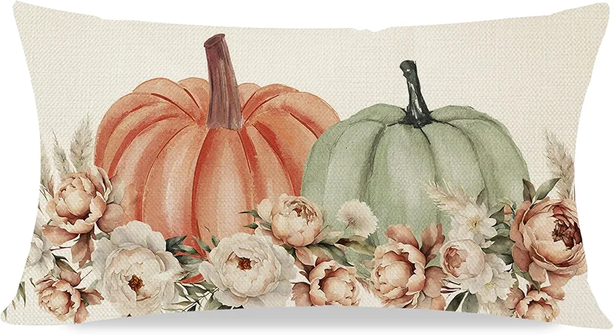 Boho Orange and Sage Green Pumpkin Fall Throw Pillow Cover 12x20 Inch Floral Pampas Autumn Farmhouse Cottage Decorations Lumbar Decorative Throw Pillows Cases for Home Living Room Decor