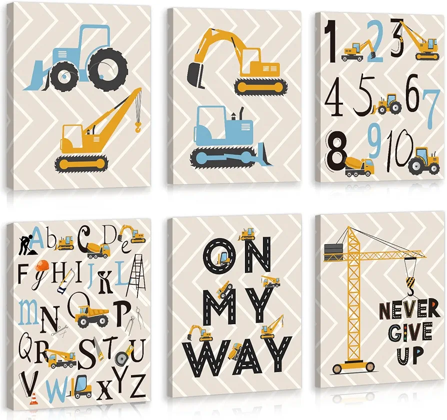 KAIRNE Boys Construction Room Decor Set of 6(12X16 INCH) Framed ABC Truck Canvas Prints Vehicle Poster,Car Alphabet Number Wall Decor,Truck Transport Painting,car Wall Art Room Decor for Boys