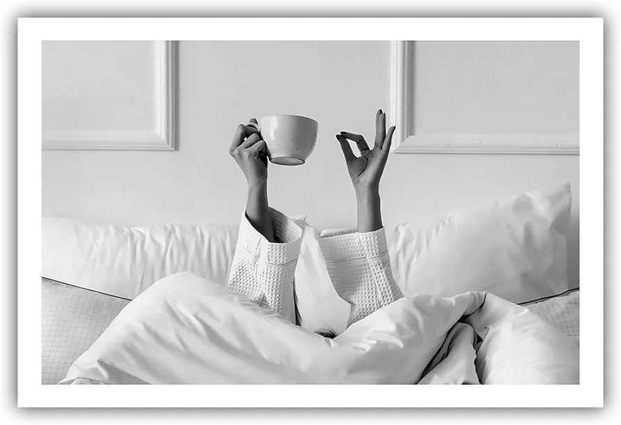 Acqooeakt Vintage Funny Woman Drinking Coffee in Bed Poster Black and White Canvas Wall Art Print Coffee Fashion Aesthetics Poster Bar Cart Art Decor Girl Room Decor 12x16Inch Unframed