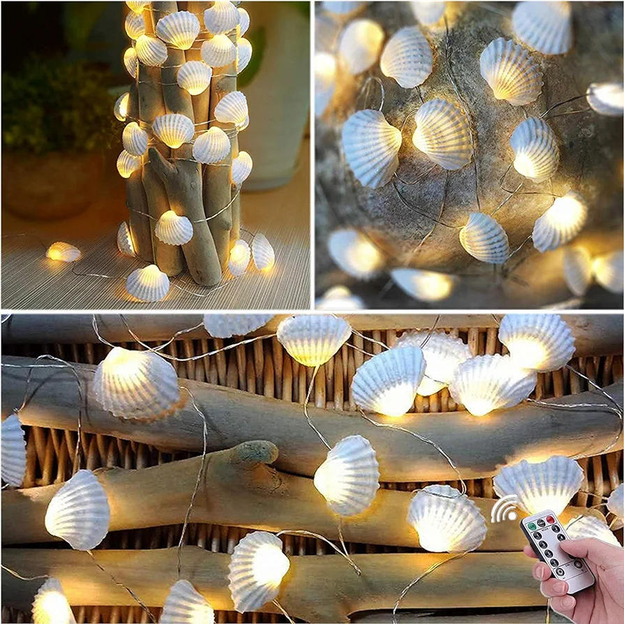 Beach Seashell Decorative String Lights 14.1Ft 40 Warm White LED Waterproof Battery Operated Ocean String Lights for Bedroom Wedding Holiday Party Garden Indoor Outdoor Decorations