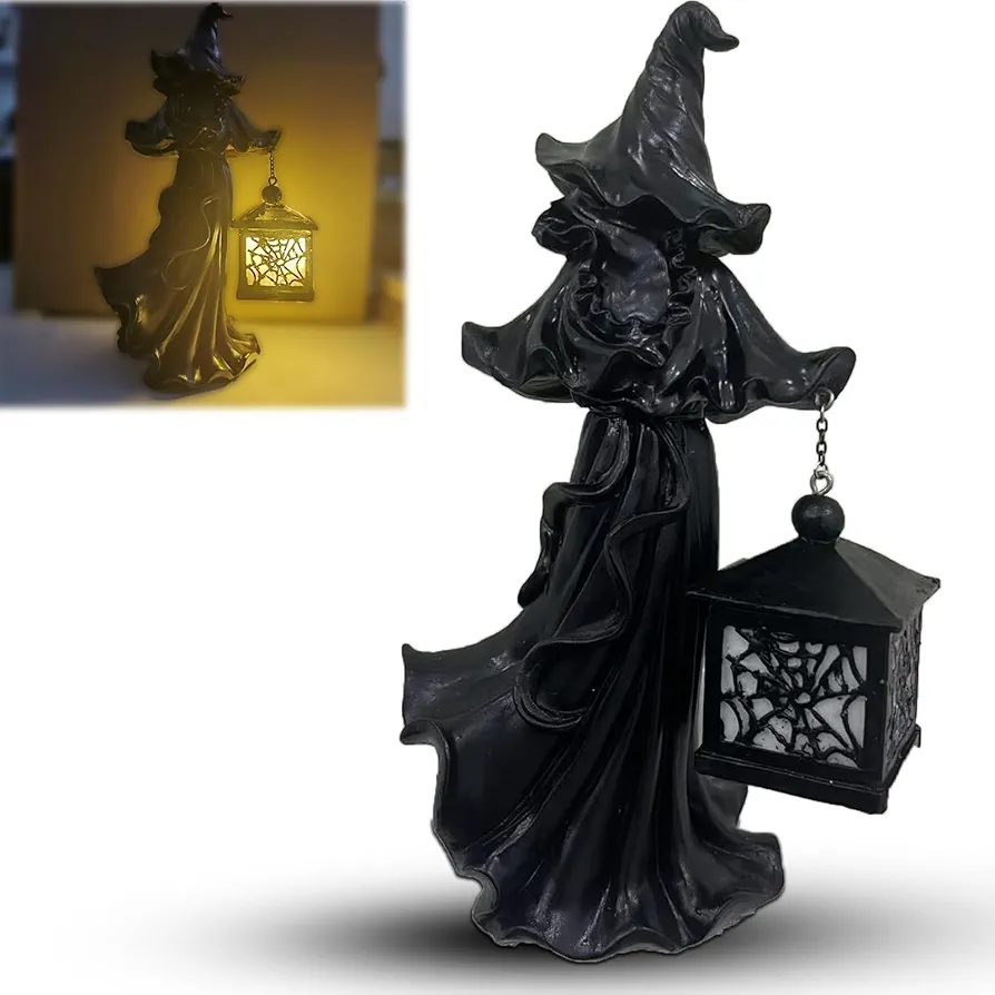 Cracker Barrel Witch, Halloween Lantern Cracker Barrel Ghost Scary Hell Messenger with LED Lantern Resin Witch Lights, Faceless Ghost Sculpture Halloween Decorations for Home Room Desk Garden (1)