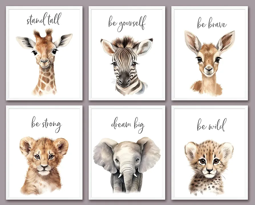 6 PCS Cartoon Animals Wall Art Nursery Decor Cute Giraffe Leopard Zebra Deer Elephant Inspirational Wall Decor Unframed Posters Nursery Print Paintings Artwork for Home Bedroom Living Room 8x10 In