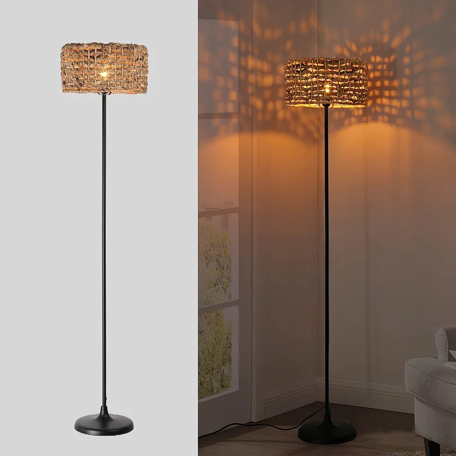 Unique Farmhouse Floor Lamp for Living room, Bedroom and Office, Original Handmade Water Lettuce Rattan Shade Tall Standing Light Black , Modern Vintage Rustic Rural Décor(No Bulbs)