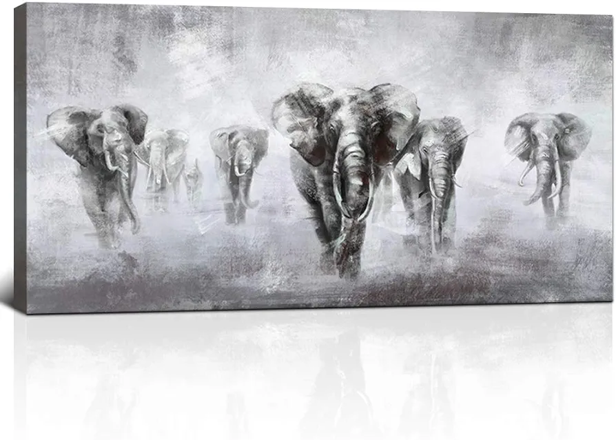 African Art Wall Decor A Herd of Elephant Vastu Migrate in the Winter Season Black and White Abstract Animal Canvas Wall Art for Office Living Room Contemporary Art Ready to hang 24inchx48inch