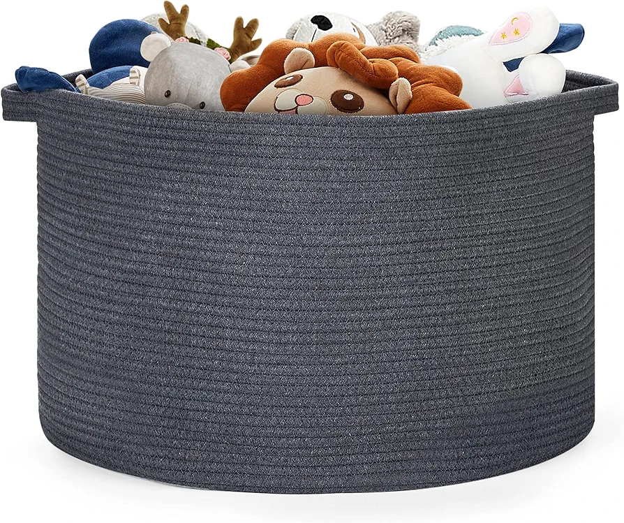 Blanket Basket - 20"x 20"x 13" Cotton Rope Basket for Living Room, Baby Toy Storage Basket, Large Woven Laundry Basket (Gray)