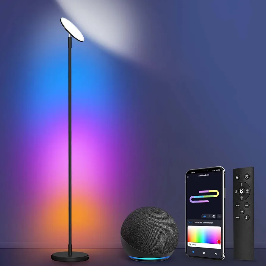 OUTON Smart Floor Lamp, 30W/3000LM Bright LED RGB Torchiere Floor Lamp, Works with Alexa Google Home, 16 Million DIY Colors, Music Sync, Standing lamp for Living Room, Bedroom, Gaming Room (Black)