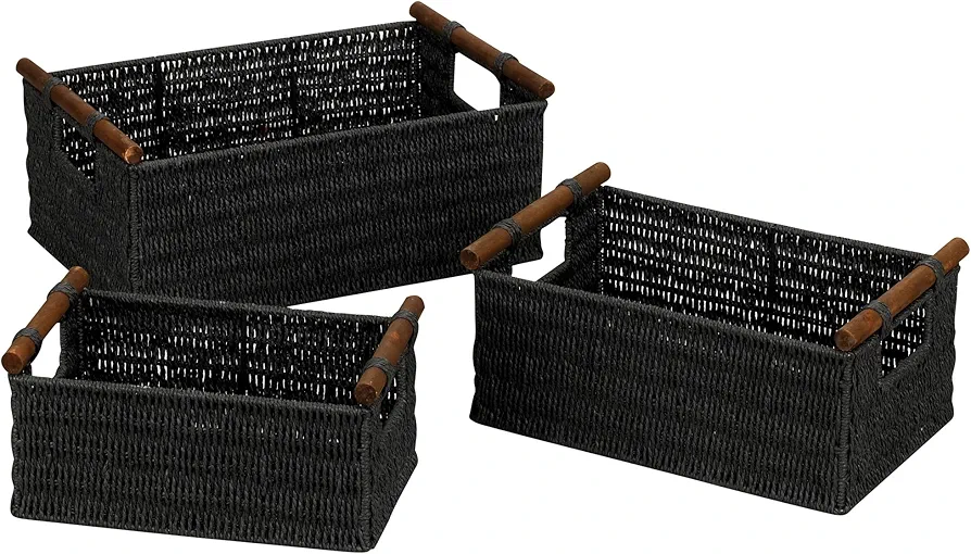 Household Essentials Decorative Woven Baskets, Set of 3 Baskets, Paper Rope with Wood Handles, Sturdy Metal Frame, Small, Medium and Large, Black