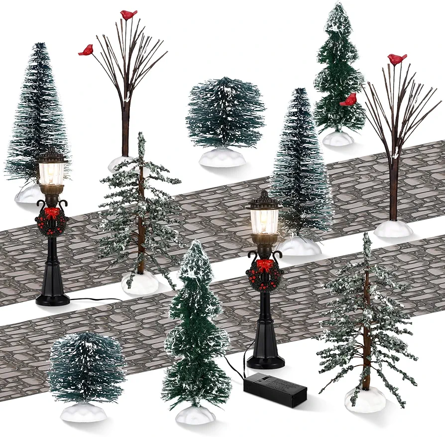 14 Pcs Christmas Accessories Village Figurine Miniature Pine Trees Snow Artificial Christmas Trees Bare Branch Trees Street Lights Lamps for Xmas DIY Crafts Winter Room Landscape (Classic Style)