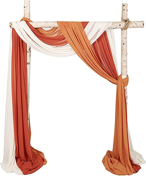 SHERWAY 3 Panels Chiffon Fabric Drapery Wedding Arch Drapes, Party Backdrop Curtain Panels, Ceremony Reception Swag Decoration (27 x 216 Inch, Orange & Ivory & Burnt Orange)