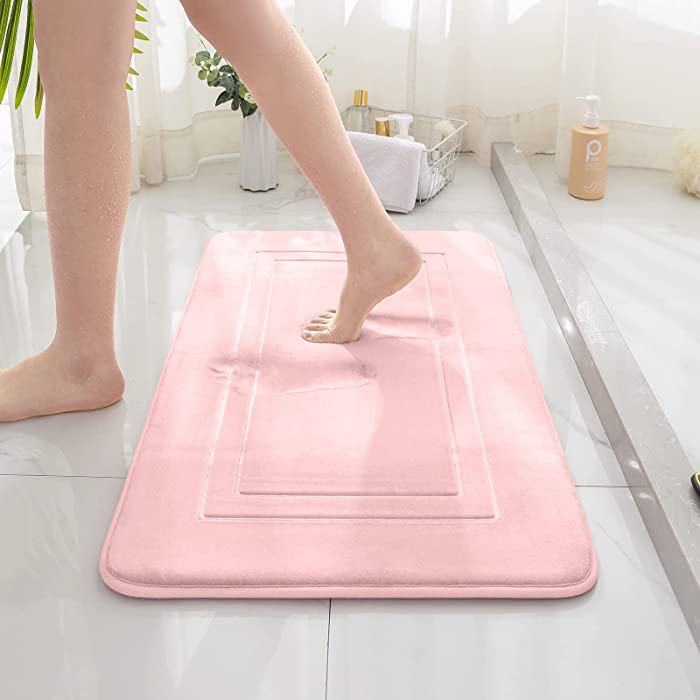 BlissJolly Memory Foam Bathroom Rug - Quick-Drying Non Slip Shower Mats for Bathroom, Toilet, Bath Tub - Soft Absorbent Bath Mat & Floor Rugs for Shower, Kitchen - Machine-Washable - 17x24,Pink