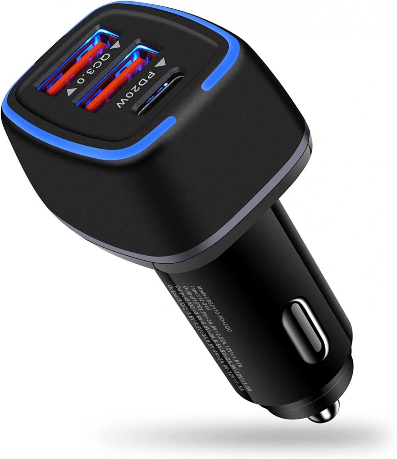 Fast USB C Car Charger 56W,Three Multi-Port PD 20W &QC3.0 Dual Port Car Adapter Cigarette Lighter Compatible with iPhone 13 Pro Max/13Mini/13/12/12 Pro/12 Pro Max/11/XS,Samsung Galaxy S22/S21 A52S 5G