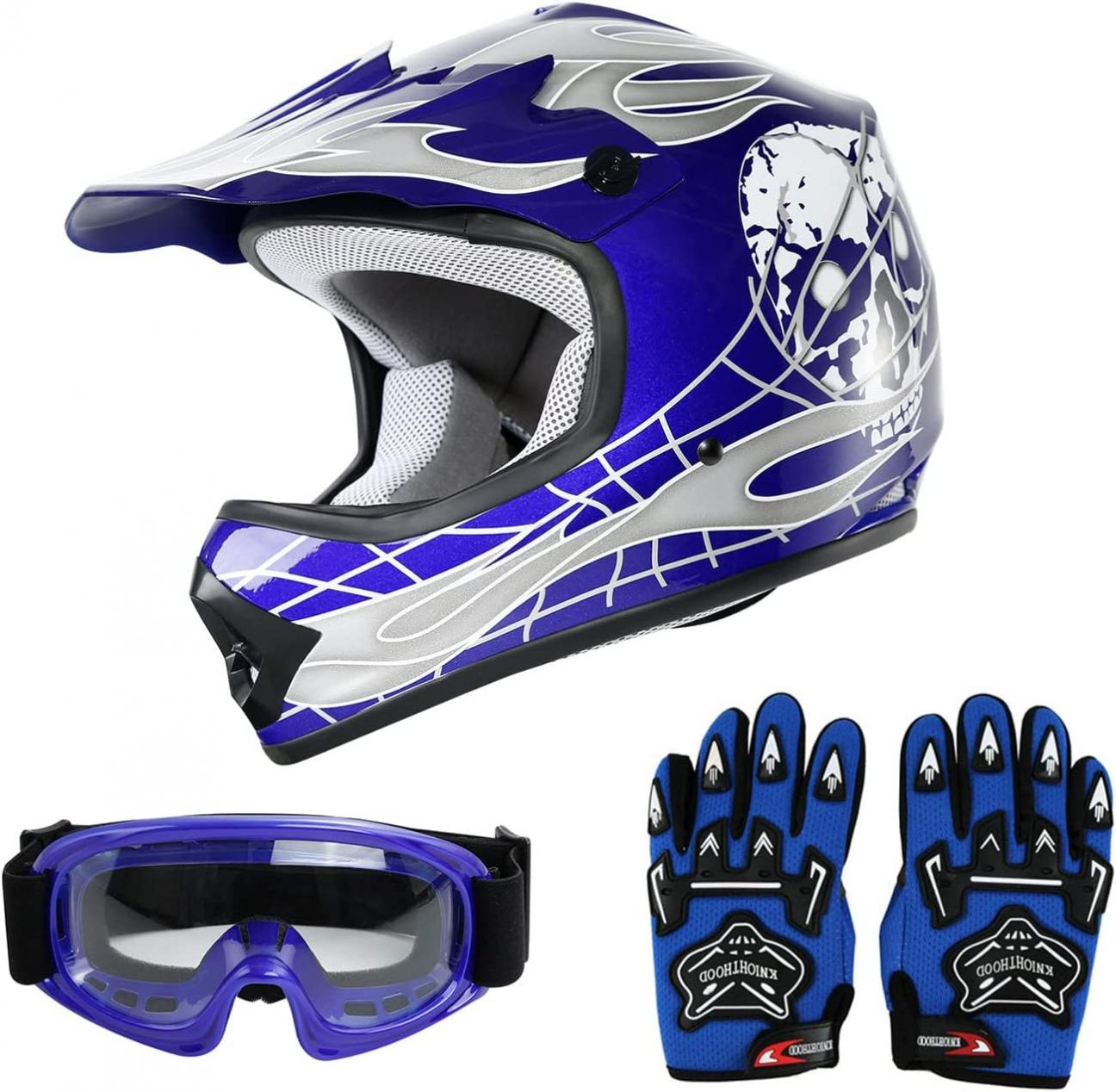 SLMOTO Dot Youth Kids Helmet Motocross Offroad Street Helmet Motorcycle Helmet Dirt Bike Motocross ATV Blue Skull Design Helmet+Goggles+Gloves Medium