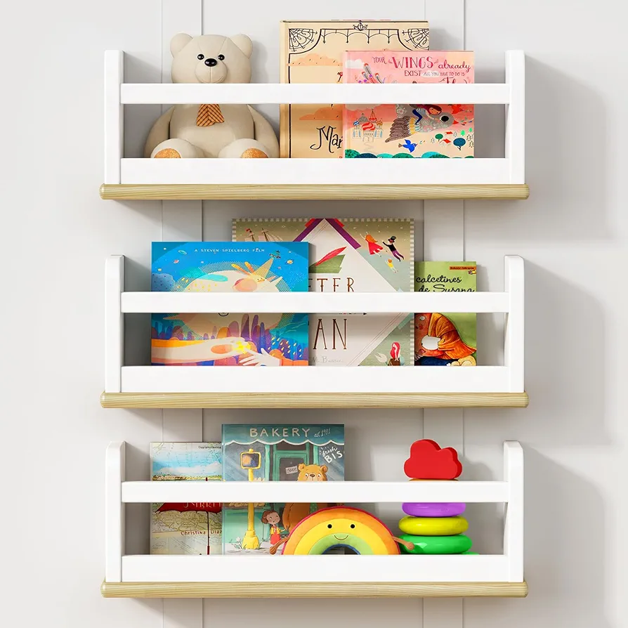 Small Kids Bookshelves Wall Mounted 3-Pack, White Floating Nursery Book Shelves for Kids Room Bedroom, Solid Wood Hanging Bookshelf Bookcase and Toy Storage Shelf for Baby Toddler Child