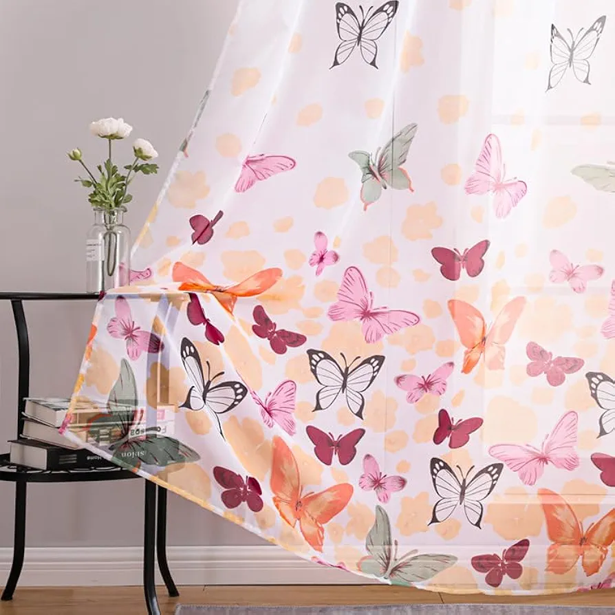 WUBODTI Butterfly Sheer Kids Curtains 2 Panel 63 inch Length,Girls Room Decor Voile Window Curtain Colorful Butterfly Rod Pocket Drapes for Bedroom Living Room Nursery Room,52''x63''