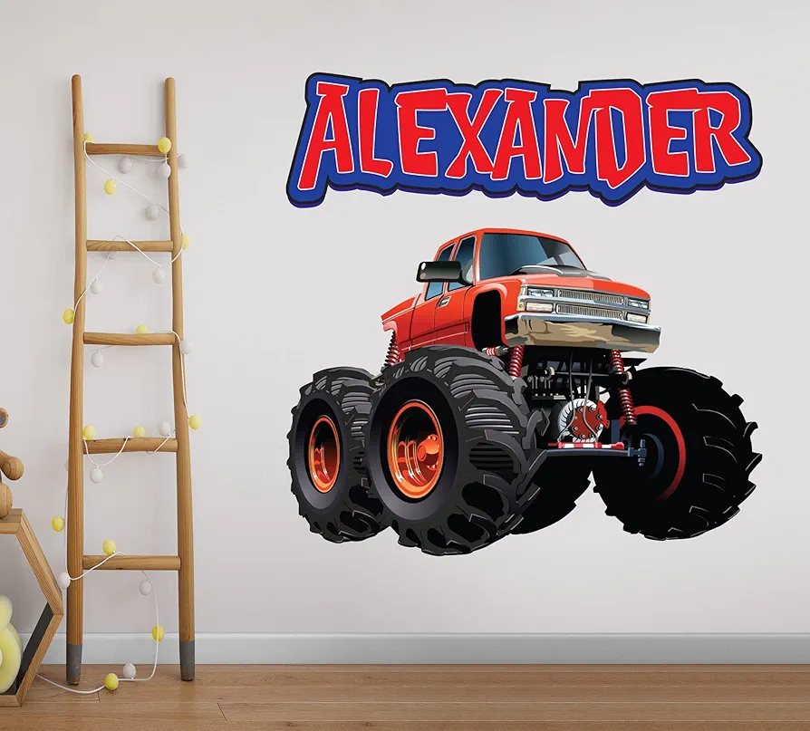 Custom Monster Truck Wall Decal - Monster Truck Wall Art – Personalized Name Wall Decals for Boys Bedroom Wall Decor – Trucks Kids Room Wall Decor