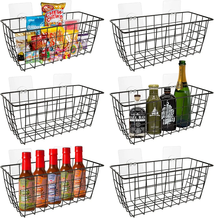 6 Pack Hanging Wall Basket Wire Storage Baskets, Sturdy Metal Hanging Kitchen Basket, No Drilling Adhesive Organizer Basket for Cabinet Storage, Kitchen, Bathroom, Storage Room